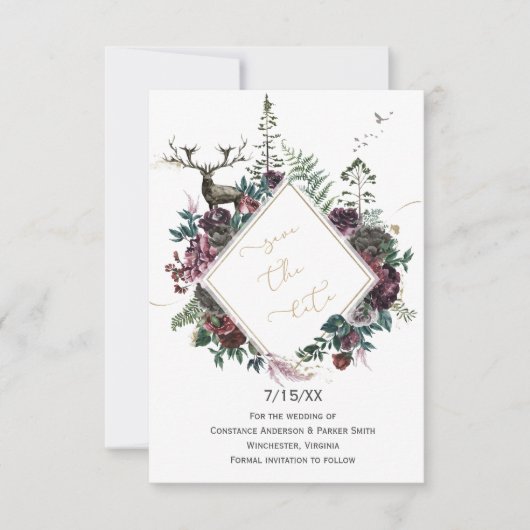 Bourgogne en grijze Floral met Deer Save the Date (Voorkant)