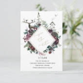 Bourgogne en grijze Floral met Deer Save the Date (Staand voorkant)