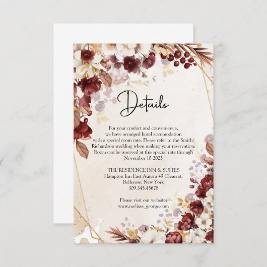 Bourgogne en herfstbloemen en bladeren goud lijst informatiekaartje (Voorkant / Achterkant)