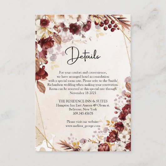 Bourgogne en herfstbloemen en bladeren goud lijst informatiekaartje (Voorkant)