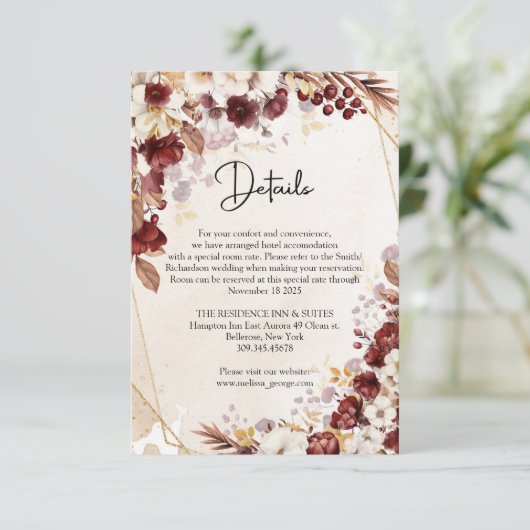 Bourgogne en herfstbloemen en bladeren goud lijst informatiekaartje (Staand voorkant)