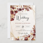 Bourgogne en herfstbloemen en bladeren goud lijst kaart (Voorkant)