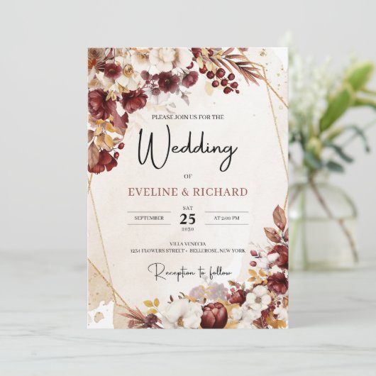 Bourgogne en herfstbloemen en bladeren goud lijst kaart (Staand voorkant)