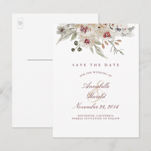 Bourgogne en Ivoor Bloemen Save the Date Aankondigingskaart (Voorkant / Achterkant)