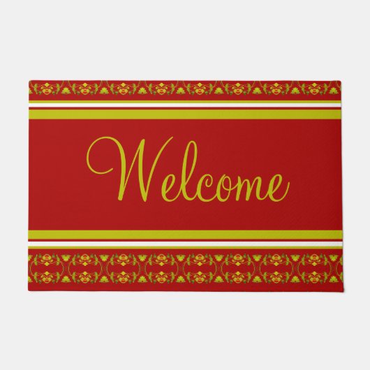 Bourgogne en kalkgroen en geel deurmat (Voorkant)