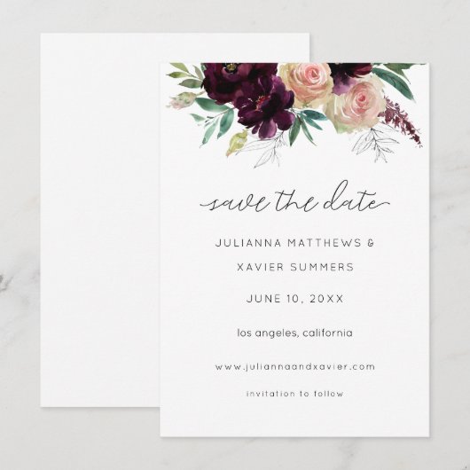 Bourgogne en lichte bleekroze Floral Save The Date (Voorkant / Achterkant)