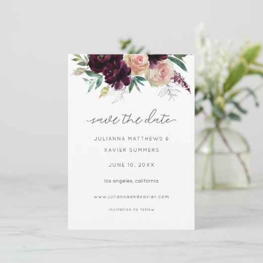 Bourgogne en lichte bleekroze Floral Save The Date (Staand voorkant)