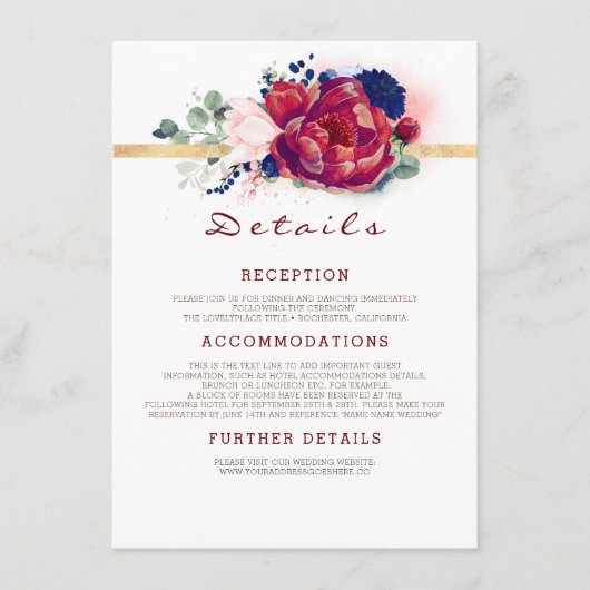 Bourgogne en marine blauwe bruiloft informatie informatiekaartje (Voorkant)