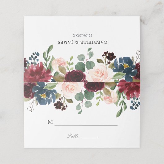 Bourgogne en marine bloemenbruiloft plaatskaartje (Buitenkant ongevouwen)