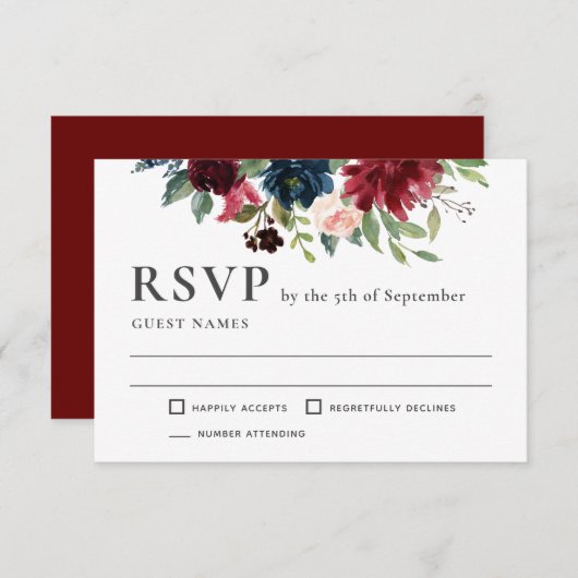Bourgogne en marine bloemenbruiloft RSVP (Voorkant / Achterkant)