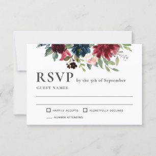 Bourgogne en marine bloemenbruiloft RSVP Kaartje