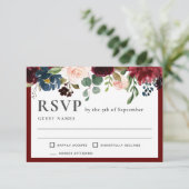 Bourgogne en marine Elegante Bloemenbruiloft RSVP (Staand voorkant)
