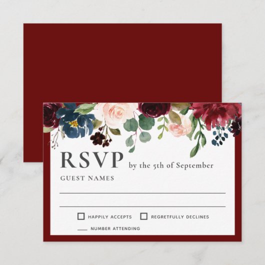 Bourgogne en marine Elegante Bloemenbruiloft RSVP (Voorkant / Achterkant)