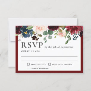 Bourgogne en marine Elegante Bloemenbruiloft RSVP Kaartje
