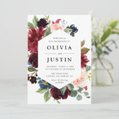 Bourgogne en marineblauw bloemenbruiloft lijst kaart (Staand voorkant)