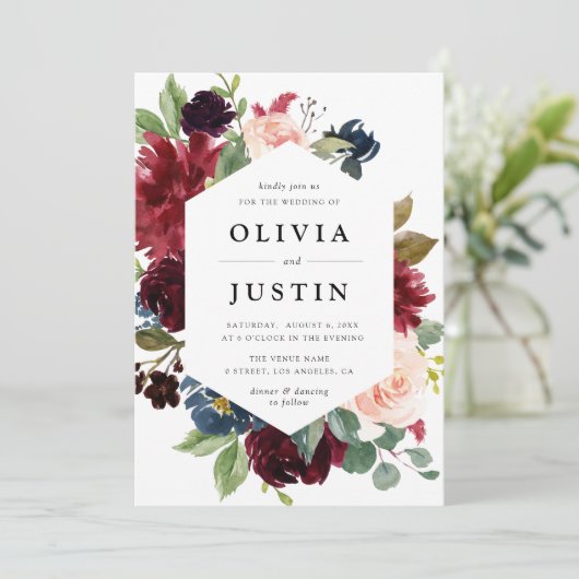 Bourgogne en marineblauw bloemenbruiloft lijst kaart (Staand voorkant)