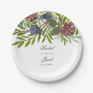Bourgogne en marineblauw Waterverf (Floral Wedding Papieren Bordje