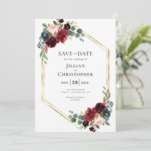 Bourgogne en marinebloemen redden de datum kaart (Staand voorkant)