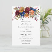 Bourgogne en marineslag Herfst Floral Wedding V2 Kaart (Staand voorkant)