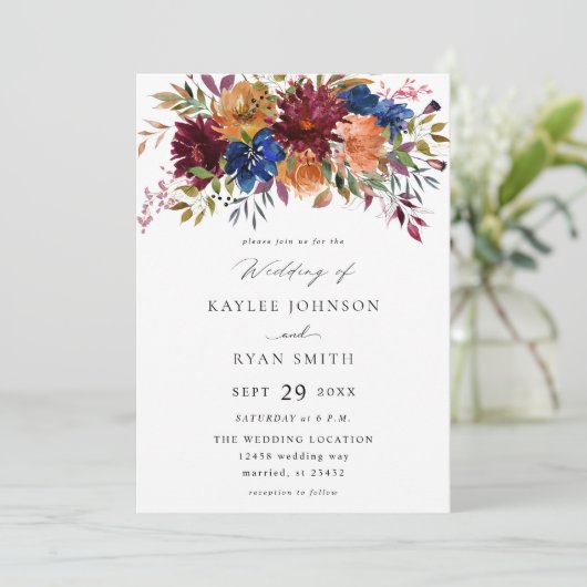 Bourgogne en marineslag Herfst Floral Wedding V2 Kaart (Staand voorkant)