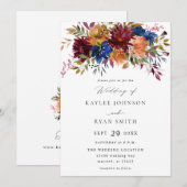 Bourgogne en marineslag Herfst Floral Wedding V2 Kaart (Voorkant / Achterkant)