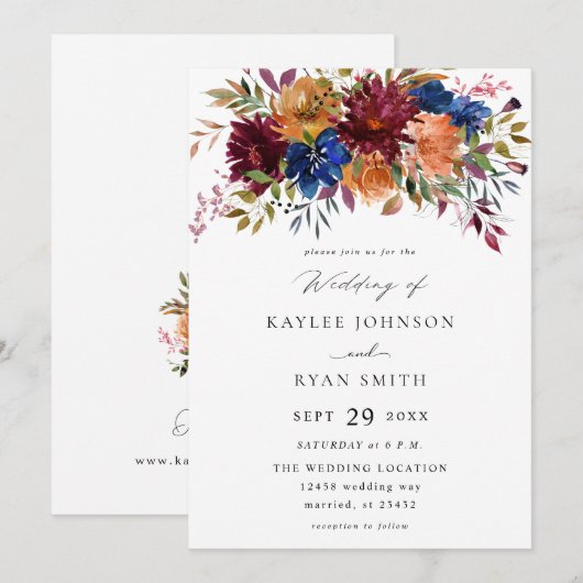 Bourgogne en marineslag Herfst Floral Wedding V2 Kaart (Voorkant / Achterkant)