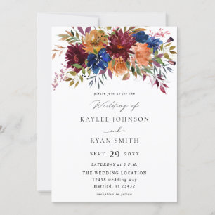 Bourgogne en marineslag Herfst Floral Wedding V2 Kaart