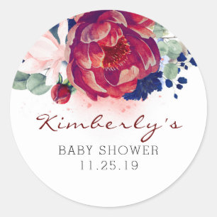 Bourgogne en Navy Blue Floral Baby shower Ronde Sticker