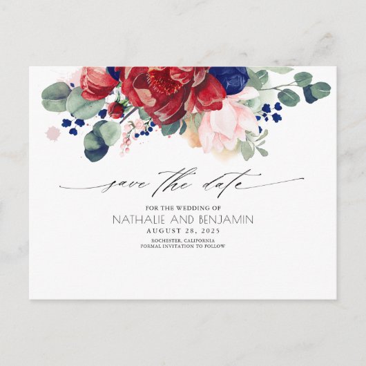 Bourgogne en Navy Blue Floral Boho Save the Date Briefkaart (Voorkant)