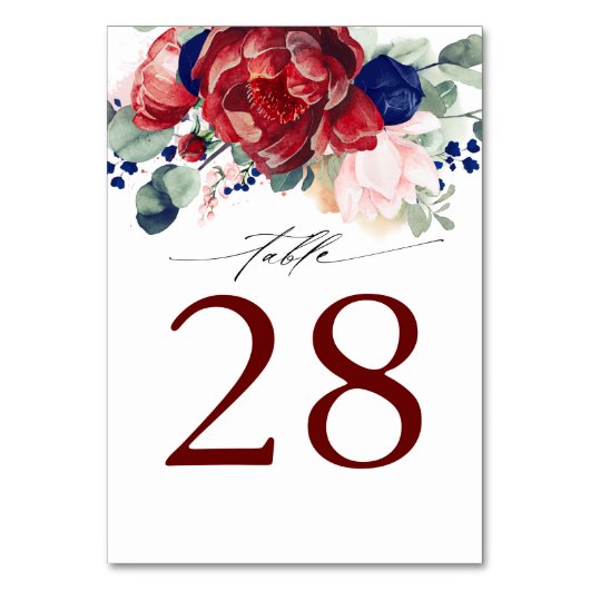 Bourgogne en Navy Blue Trouwtafel Aantal Kaarten (Voorkant)