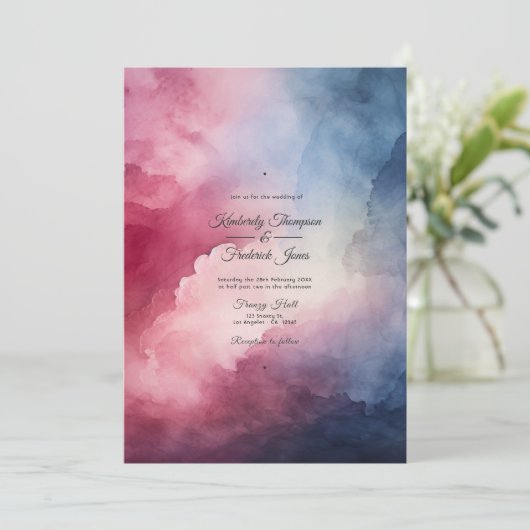 Bourgogne en Navy Waterverf Ink Bruiloft Kaart (Staand voorkant)