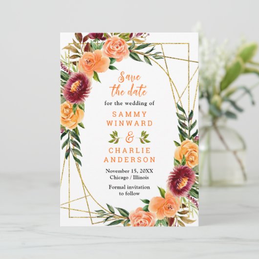 Bourgogne en Oranje bloemen bruiloft Save The Date (Staand voorkant)