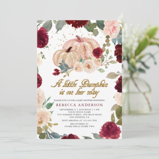 Bourgogne en peach Floral Pumpkin Baby shower Kaart (Staand voorkant)
