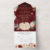 Bourgogne en Peach Floral Pumpkin Wedding All In One Uitnodiging (Binnen)