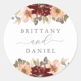 Bourgogne en peach Floral Wedding Ronde Sticker