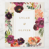 Bourgogne en perzikse Waterverf Floral Wedding Wijn Etiket (Enkel label)
