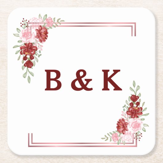 Bourgogne en Roos Floral Wedding Kartonnen Onderzetters (Voorkant)