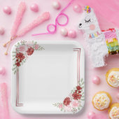 Bourgogne en Roos Floral Wedding Papieren Bordje (Feest)