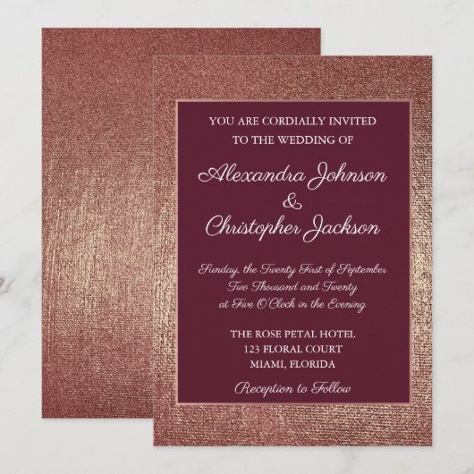 Bourgogne en Roos Gold Foil verbinding Wedding Kaart (Voorkant / Achterkant)