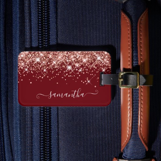 Bourgogne en Roos Gold Glitter Girly Signature Bagagelabel (Voorkant Insitu 4)