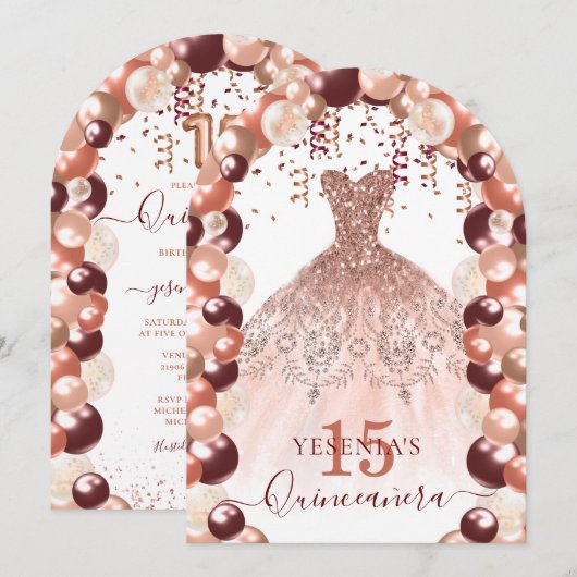 Bourgogne en Roos Gold Quinceañera Dress Balloon Kaart (Voorkant / Achterkant)