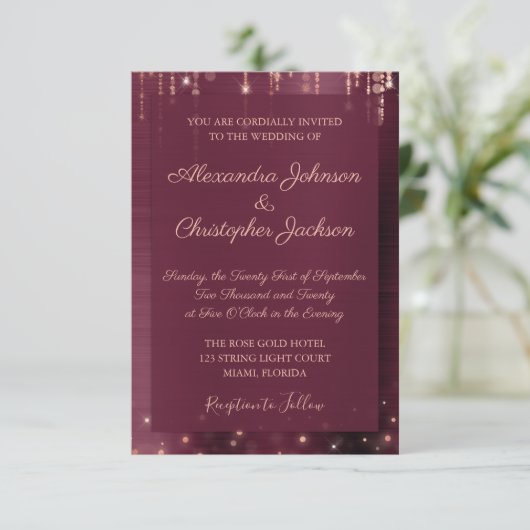 Bourgogne en Roos Gold Sparkle Wedding Kaart (Staand voorkant)