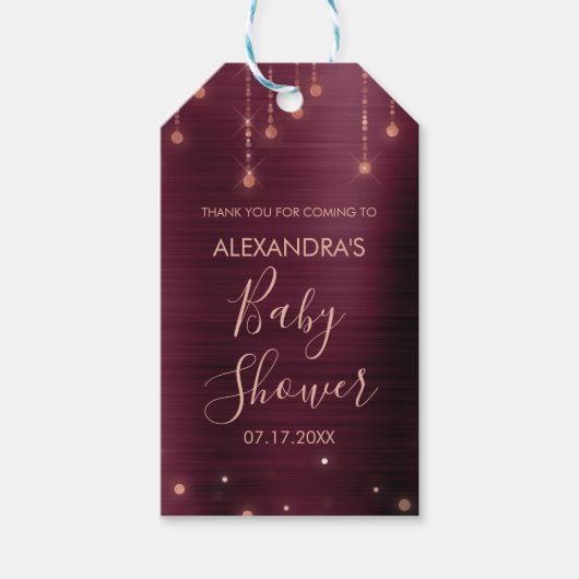 Bourgogne en Roos Goud Baby shower Cadeaulabel (Voorkant)