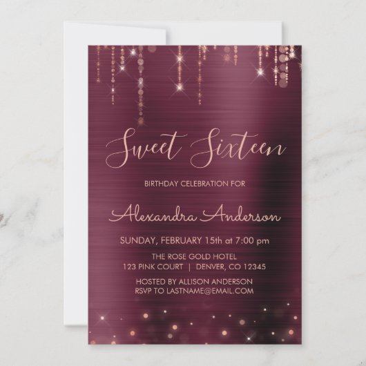 Bourgogne en Roos Goud Sweet Zestien Verjaardag Kaart (Voorkant)