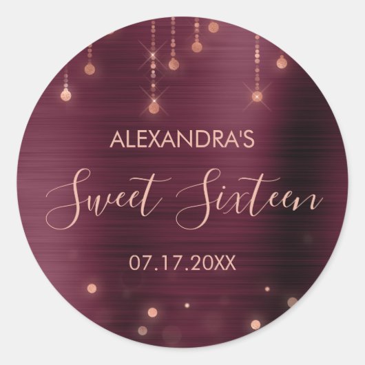 Bourgogne en Roos Goud Sweet Zestien Verjaardag Ronde Sticker (Voorkant)
