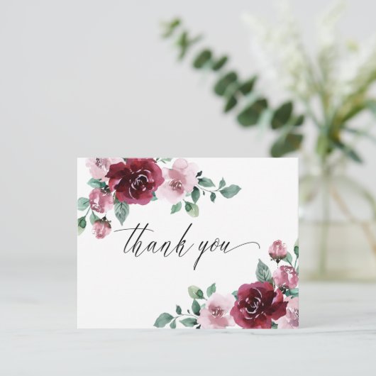 Bourgogne en Roos Pink Floral Maroon Wedding Bedankkaart (Staand voorkant)