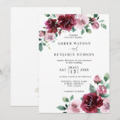 Bourgogne en Roos Pink Floral Maroon Wedding Kaart (Voorkant / Achterkant)