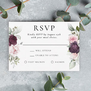 Bourgogne en Roze Bloemen Elegante RSVP Maaltijdke Kaartje