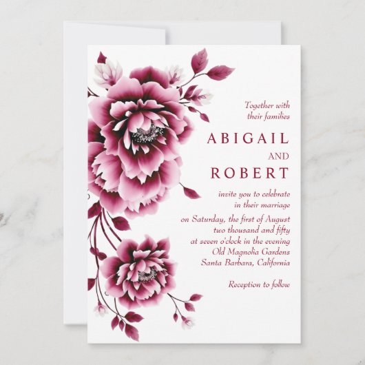 Bourgogne en roze bloemen pioenroos bloemen bruilo kaart (Voorkant)