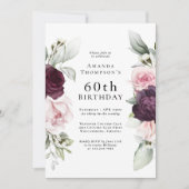 Bourgogne en roze bloemig Elegant 60e verjaardag Kaart (Voorkant)